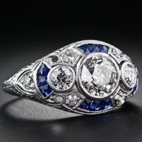 925 Sterling Art Deco Blue and White Sapphire Ring - Picture 14 of 16